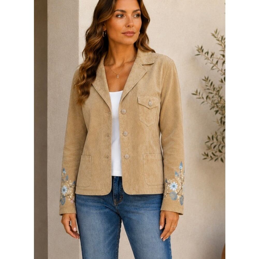 Jill XL Genuine Suede Leather Jacket Tan Floral Embroidered Boho Blazer petite